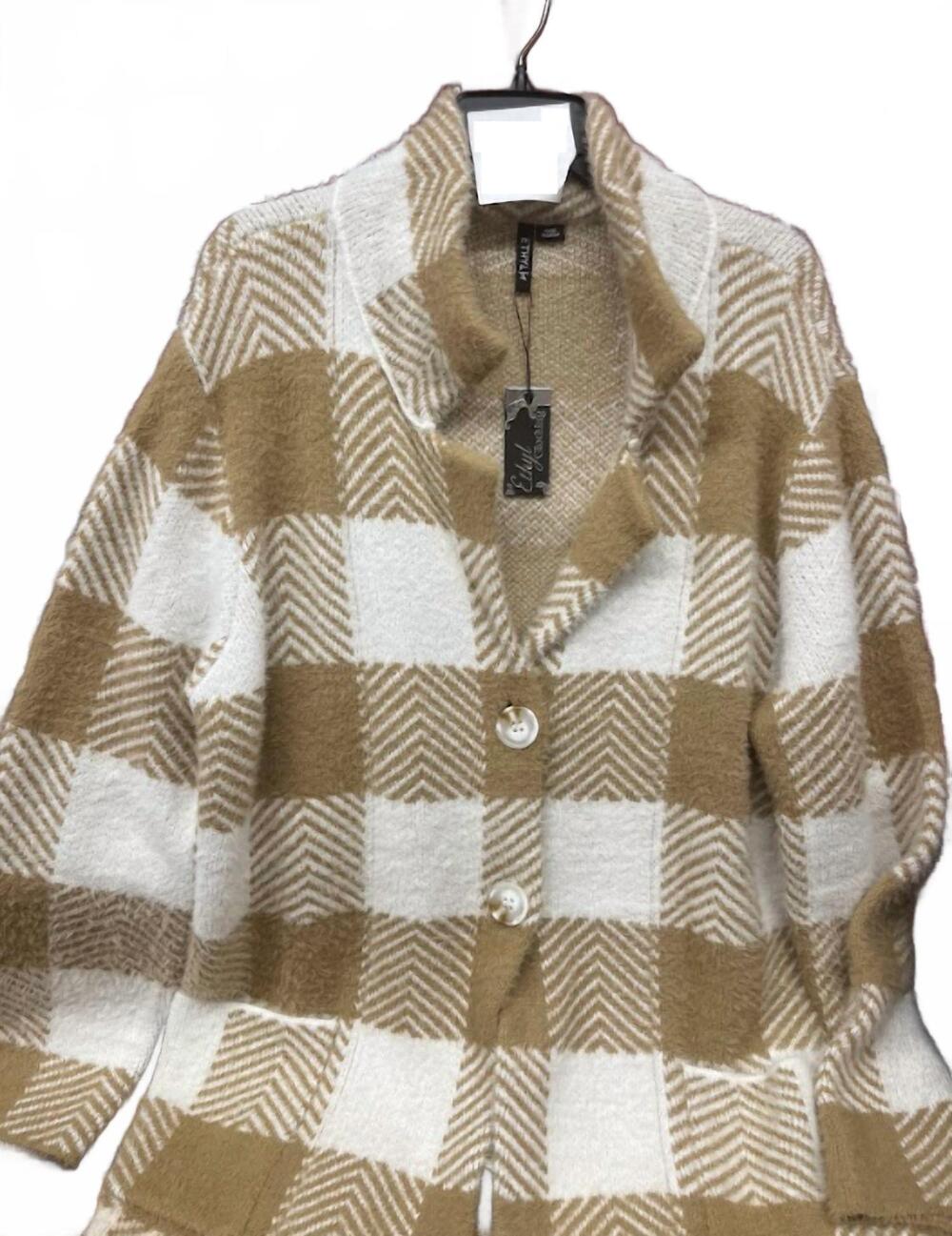 NEW ETHYL women's marvel sweater jacket in plaid / white / camel